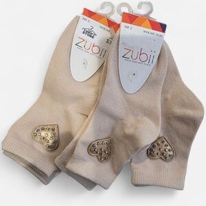 3pc Zubbii Toddler Girl Socks W/Metal Shimery Heart Beige Size 2